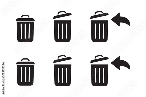 Set of minimalist trash can icons including delete and remove symbols with black and white interface trashcan management silhouette application software pictogram collection household