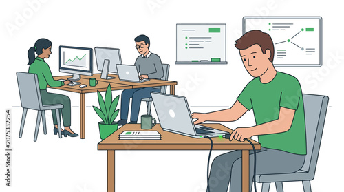 Diverse team working in modern office, coding, data analysis, and project planning