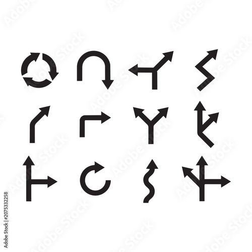 Collection of various directional path and navigation arrow symbols with navigation direction collection wayfinding movement straight junction decision strategy interface abstract planning