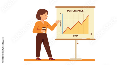 Businesswoman presenting growth chart on flip chart, data analysis, performance improvement