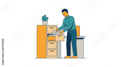 Man Organizing Files in Filing Cabinet, Office Workspace Illustration