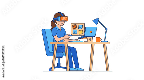 Woman wearing VR headset working on laptop at desk, futuristic technology concept
