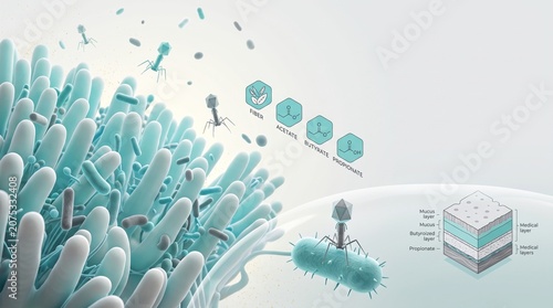 Gut Microbiota and Bacteriophages — Modern 3D Medical Illustration with Mucosal Barrier and Copy Space