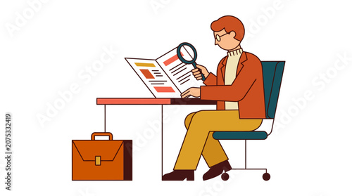 Man reading document with magnifying glass at desk, business concept illustration