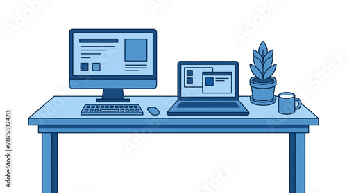 Modern Minimalist Home Office Desk with Computer, Laptop, Keyboard, Mouse, and Plant
