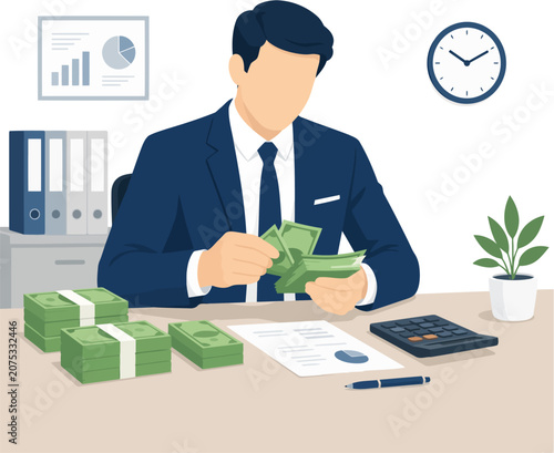 Fotografía Businessman Counting Cash Money at Office Desk Flat Vector Illustration