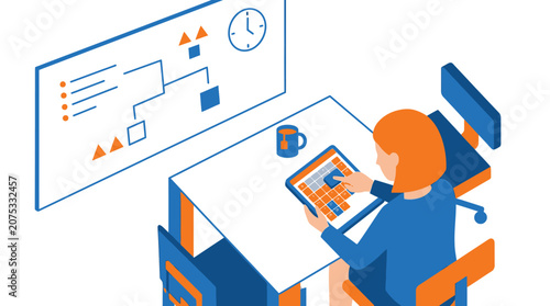 Businesswoman working on tablet at desk with flowchart on screen, isometric illustration