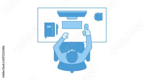 Overhead View of Person Working at Desk with Computer, Keyboard, Mouse, and Coffee Cup