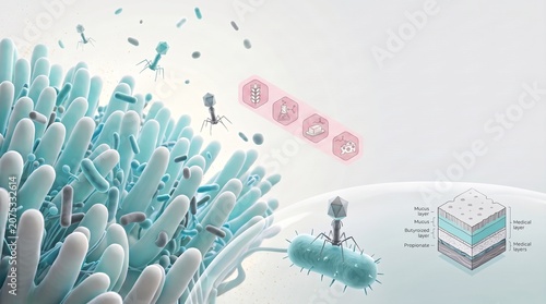 Gut Microbiota and Bacteriophages — Modern 3D Medical Illustration with Mucosal Barrier and Copy Space