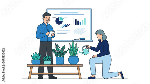 Business Growth Concept: Team Watering Plants Near Financial Charts