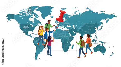 Vector world map, global travel, colorful illustration, educational geography