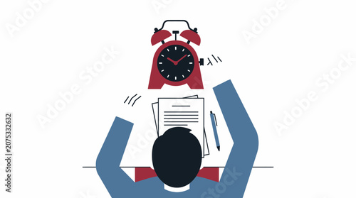 Frustrated person at desk with ringing alarm clock and papers, deadline stress