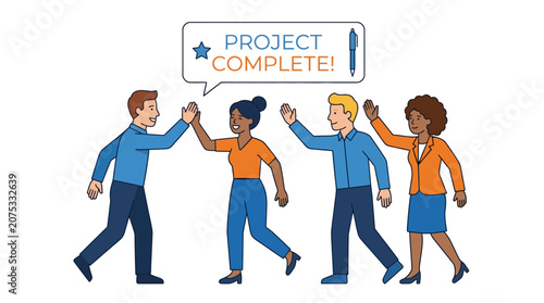 Diverse team celebrating project completion with high fives and a speech bubble.
