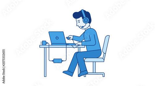 Man wearing headset working on laptop at desk, customer support, online communication, modern illustration