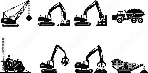 Heavy Construction Machinery and Demolition Equipment Silhouette Icon Set for Industrial Use