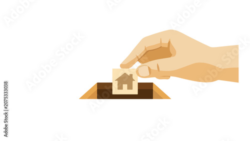 Hand Placing Wooden House Model on Surface.
