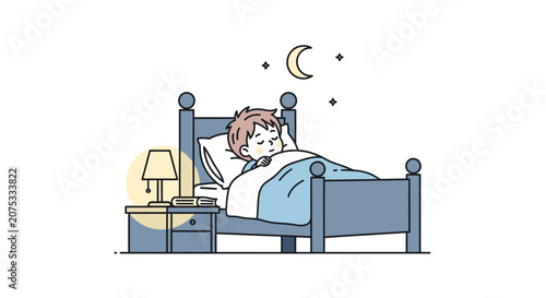 Cute Cartoon Child Sleeping Peacefully in Bed Under Moonlight at Night