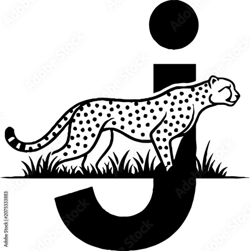 Cheetah walking on stylized letter J design.