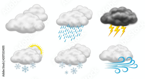 Set of Weather Forecast Icons with Clouds, Sun, Rain, Snow, Wind, and Lightning on Isolated White Background