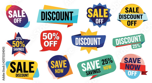 Colorful Sale and Discount Price Tags Collection on Isolated White Background
