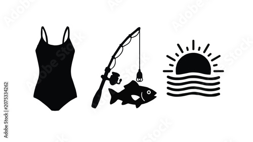 Swimsuit Fishing Sunset Scene with Fish and Sun.