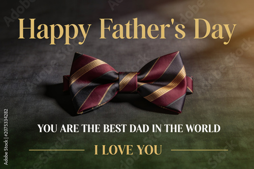 Classic striped bow tie on dark background with golden fathers day greeting text