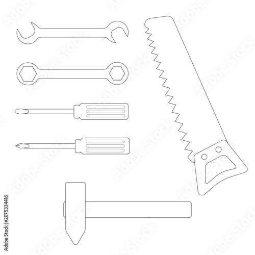 Hand tools line art icon set. Vector illustration of repair and construction equipment outlines isolated on white background. Minimalist black and white icons for DIY and home renovation.