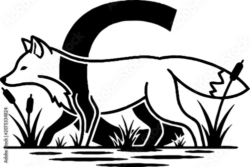 Fox walking through grassy wetland area.