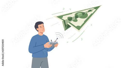 Businessman managing financial growth by controlling dollar paper airplane flight flat design vector illustration.