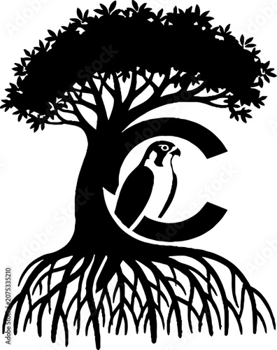 Eagle perched on tree with large roots and letter C design.