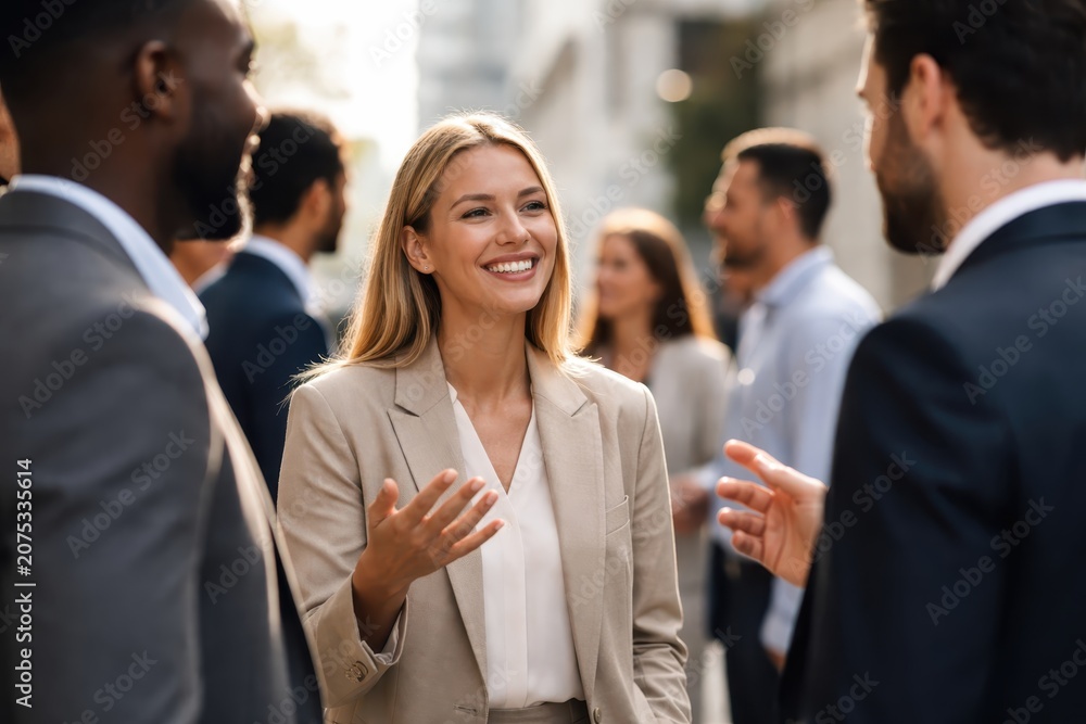 Fototapeta premium Smiling businesswoman in beige blazer gesturing and networking with professional colleagues at outdoor corporate event