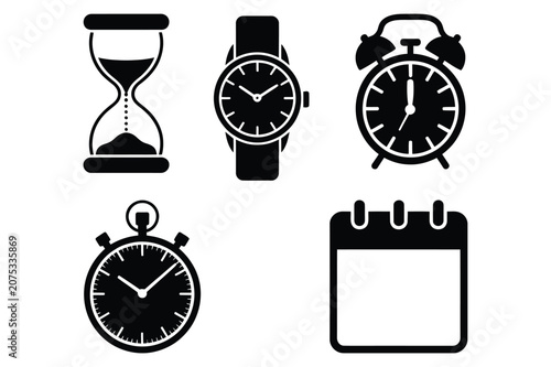 Fotografija Black silhouette icons of various timekeeping instruments and calendar with cale