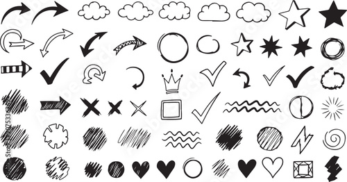 Hand-Drawn Vector Set: Decorative Frames, Arrows, Hearts & Doodle Elements