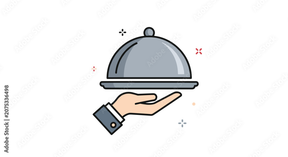 Fototapeta premium Conceptual illustration of a hand in a suit sleeve holding a silver domed serving platter on a white background with small stars.