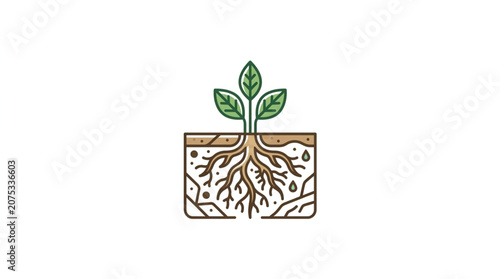 Obraz na plátně Illustration of a plant growing from soil with visible roots.