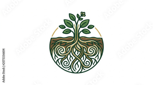 Stylized Tree of Life with Intricate Roots and Green Leaves.