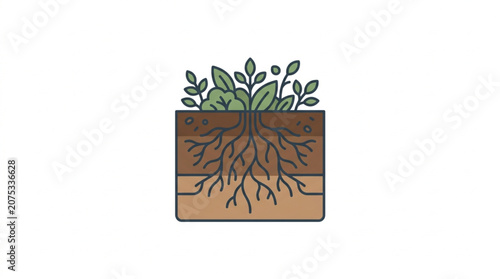 Plant roots growing underground with green leaves above soil.