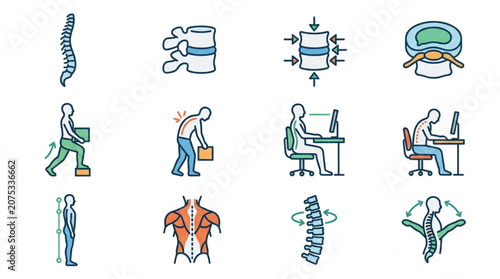Spine Anatomy and Posture Problems Icons Set.