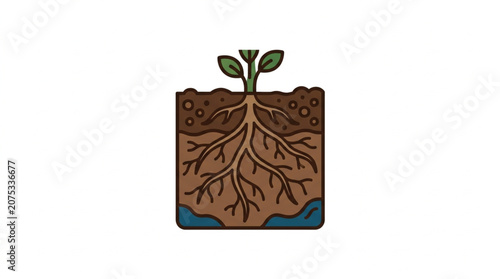 Plant roots growing deep in the soil with water.