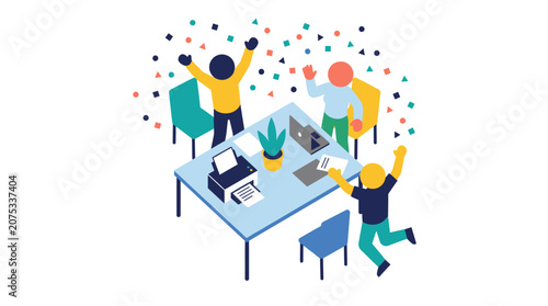 Team celebrating success with confetti in modern office isometric illustration