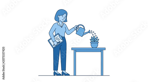 Businesswoman watering plant on table, clipboard, growth concept, flat illustration