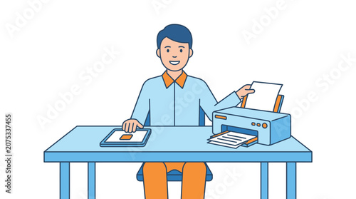 Man working at desk with printer and tablet, office illustration