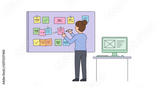 Woman planning project tasks on sticky notes board with computer nearby