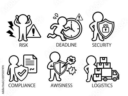 Risk management and corporate security icons, 6 logistics deadline stick figures.
