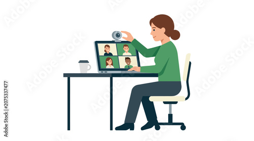 Woman Adjusting Webcam for Online Meeting with Colleagues on Laptop Screen