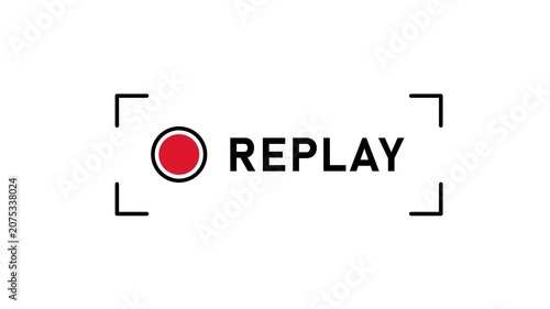Replay button animation isolated on white background with pink play symbol and text r e p l a y