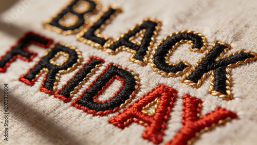 Black Friday sale embroidered with red and black thread on a brown fabric with soft lighting effects.
