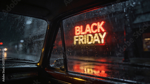 Illuminated Neon Black Friday Sign in Urban Downtown at Night
