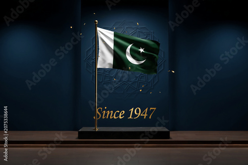 A vibrant waving flag of Pakistan displaying its distinct national colors of green and white with a prominent crescent moon and star emblem proudly displayed on a shining golden flagpole