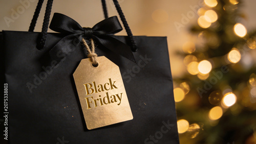 Black Friday shopping bag filled with gifts against a festive bokeh background.